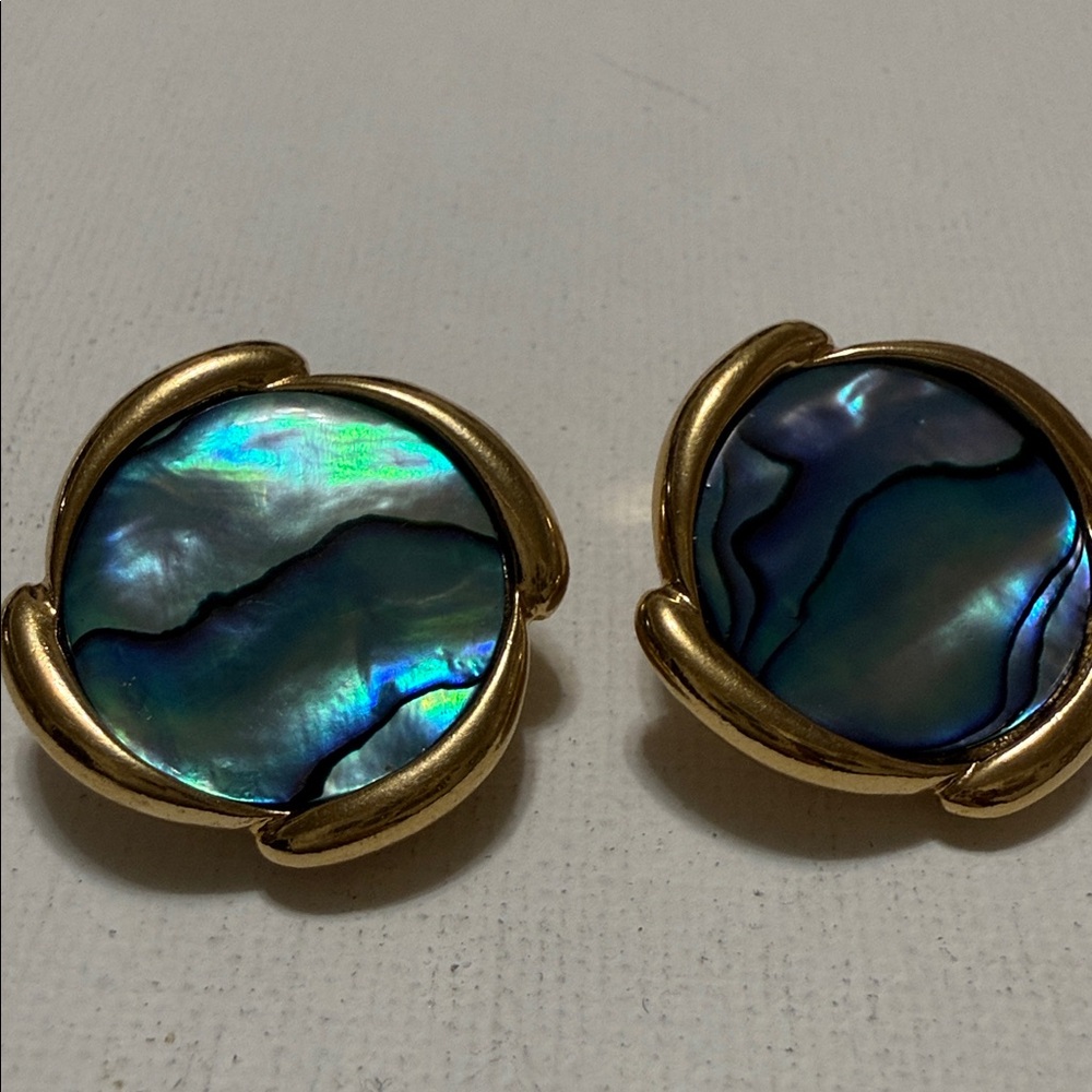 Gold-Frame Abalone Shell Stud Clip on Earrings - Picture 6 of 14